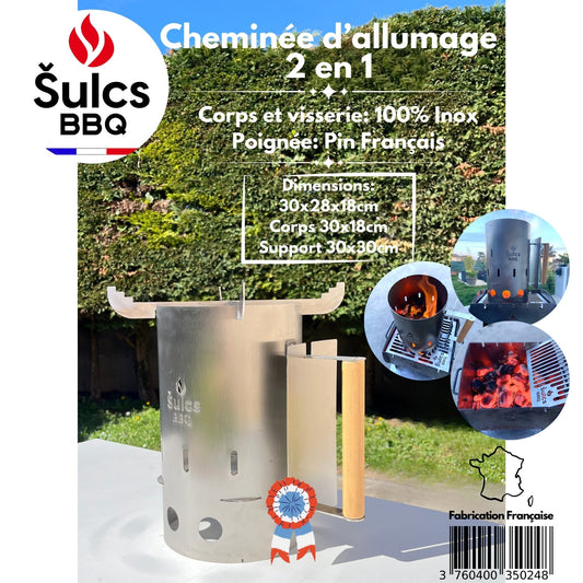 Cheminée d'allumage 100% Inox 2en1 pour barbecue au charbon de bois