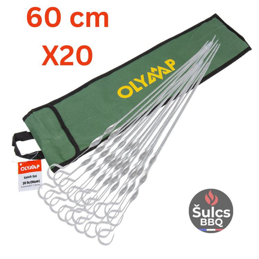 20x Brochettes Inox 60 cm avec étui de rangement en tissu